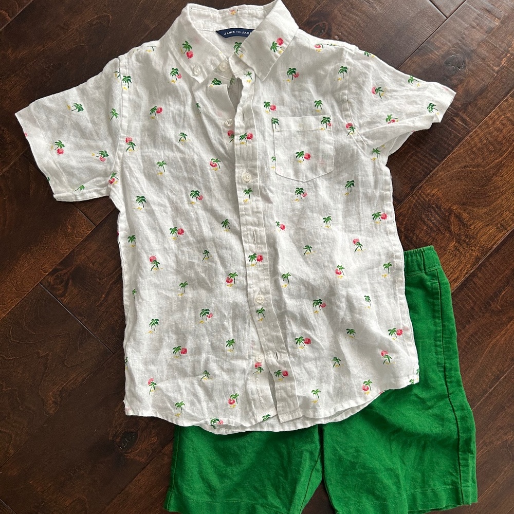 Janie & Jack Paradise Cruise Linen Shirt and Green Linen Shorts 7